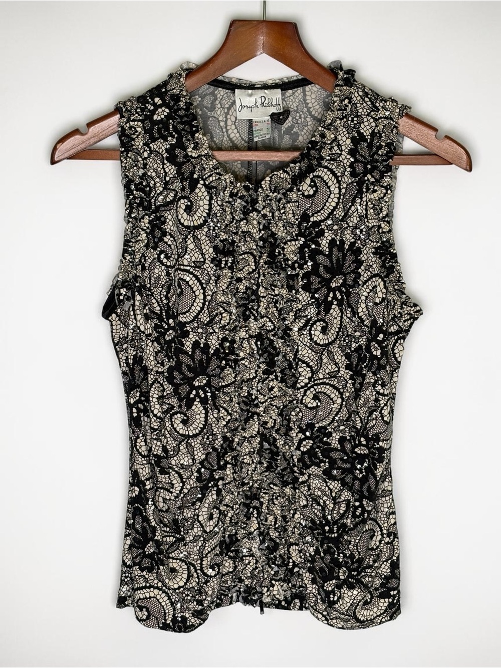 Joseph Ribkoff Sz 12 Sequin Lace-Inspired Zip Front Sleeveless Top Black & Ivory